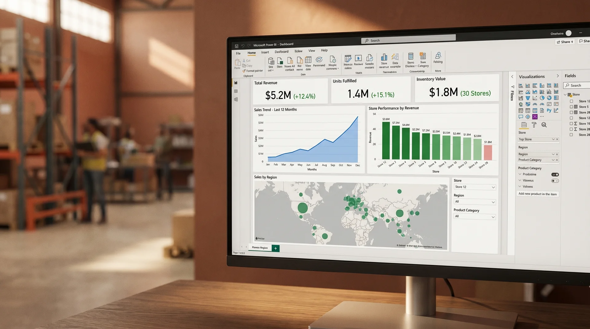 Power BI multi-store sales and operations performance dashboard showing revenue, inventory, and fulfillment metrics across 30 stores on a monitor in a warehouse operations setting Power BI multi-store sales and operations performance dashboard showing revenue, inventory, and fulfillment metrics across 30 stores on a monitor in a warehouse operations setting