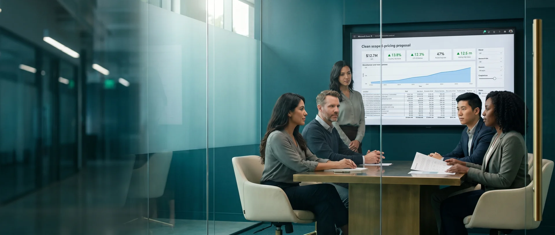 Team in a glass-walled meeting room reviewing a scoped Power BI analytics proposal on a wall screen, shot from outside the glass Team in a glass-walled meeting room reviewing a scoped Power BI analytics proposal on a wall screen, shot from outside the glass