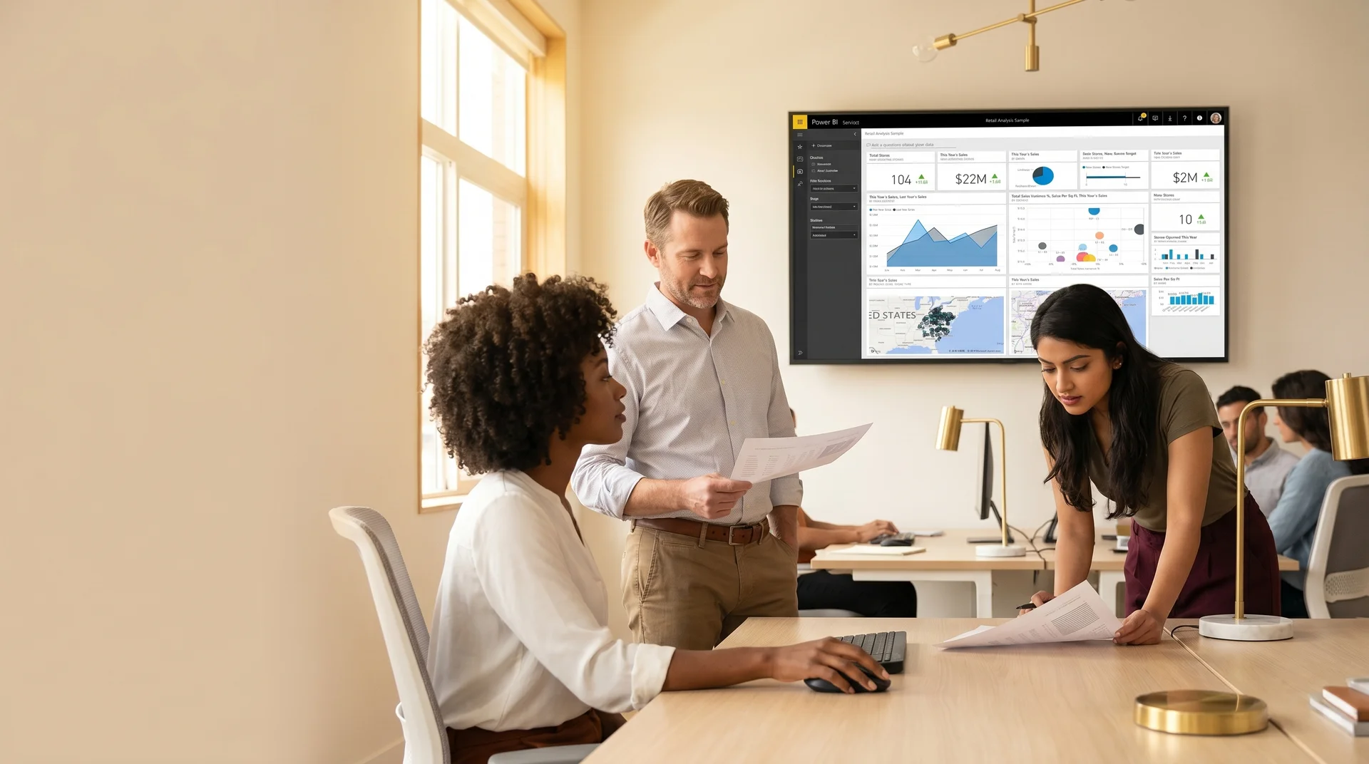 Analytics team reviewing validated Power BI dashboards after a Qlik to Power BI migration Analytics team reviewing validated Power BI dashboards after a Qlik to Power BI migration