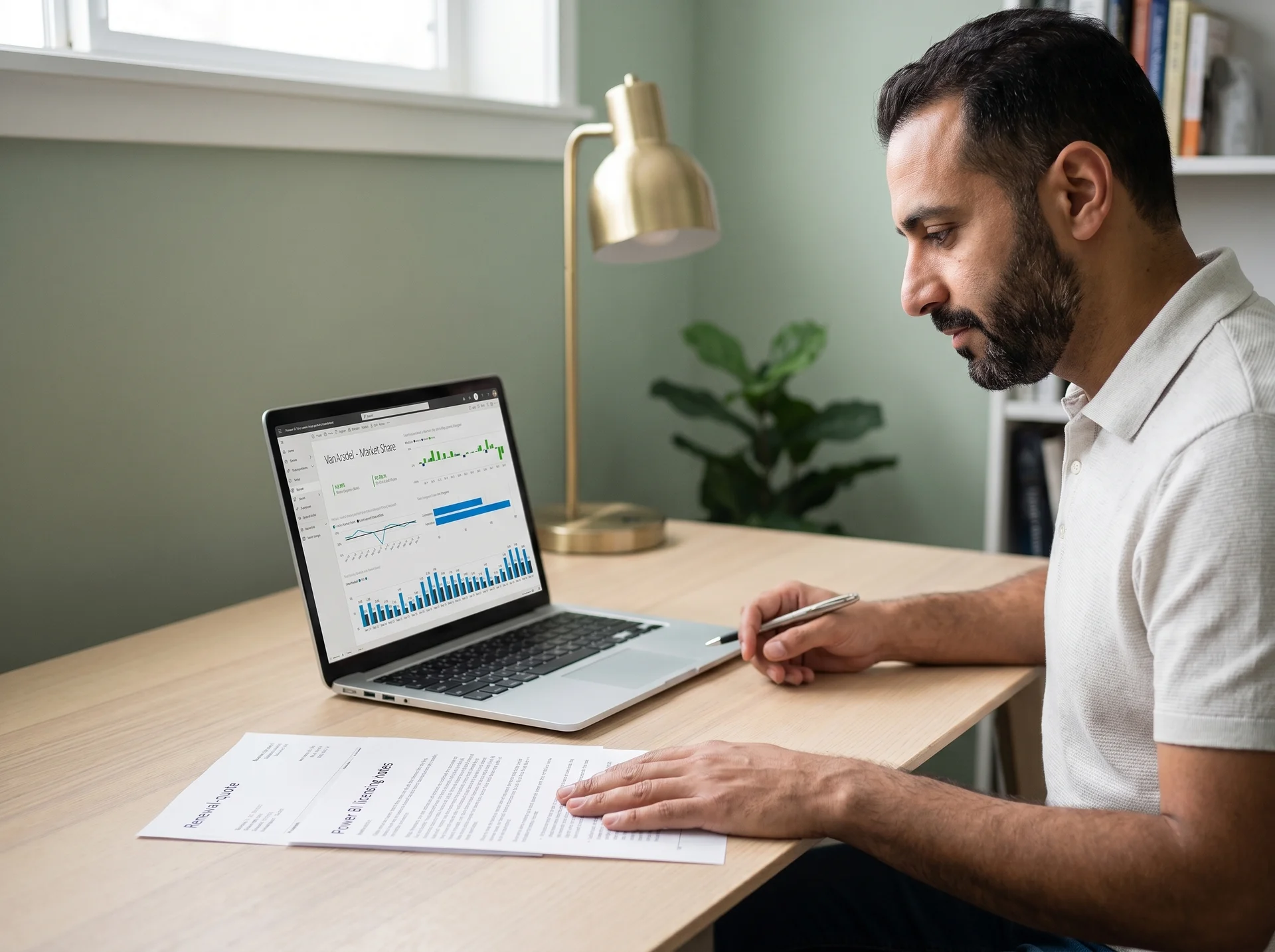 Business intelligence owner reviewing a Qlik renewal quote beside Power BI licensing notes Business intelligence owner reviewing a Qlik renewal quote beside Power BI licensing notes