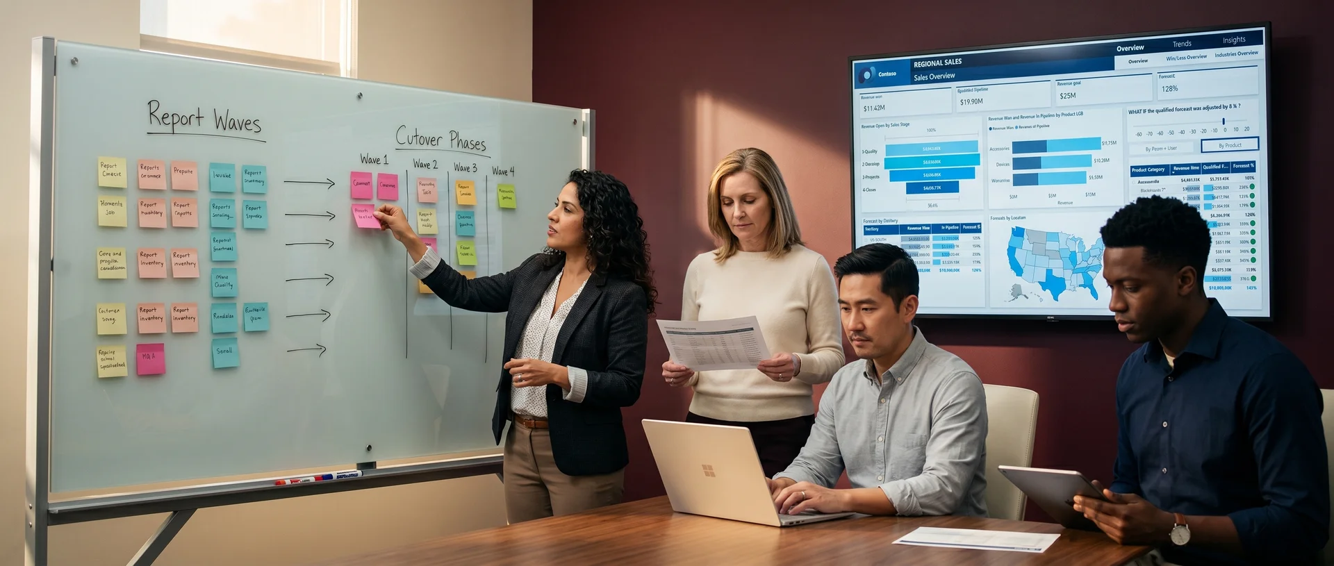 Migration team planning report waves on a whiteboard before a Qlik to Power BI cutover Migration team planning report waves on a whiteboard before a Qlik to Power BI cutover
