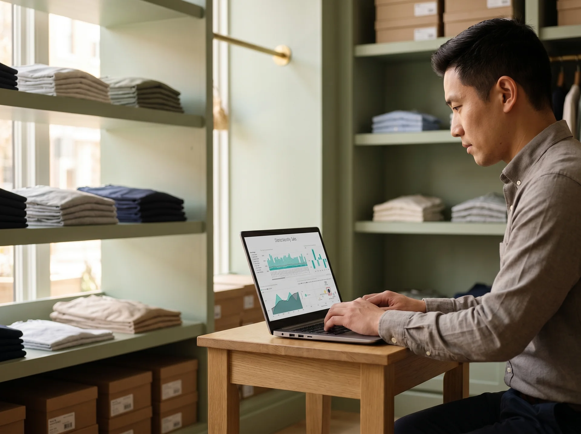 Ecommerce manager reviewing power bi retail and ecommerce dashboards on a laptop near stock shelves Ecommerce manager reviewing power bi retail and ecommerce dashboards on a laptop near stock shelves