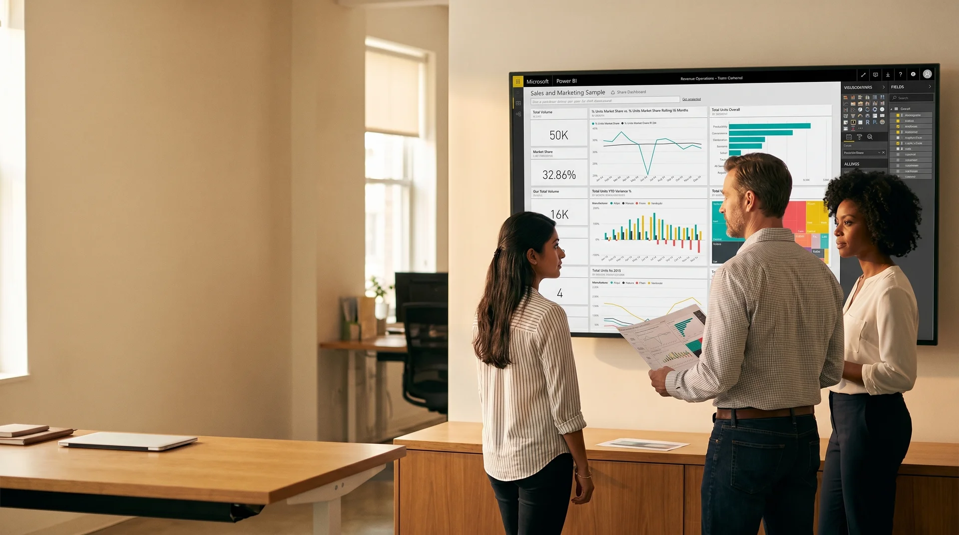 Revenue operations team standing in front of a wall screen showing a live sales analytics dashboard in Power BI Revenue operations team standing in front of a wall screen showing a live sales analytics dashboard in Power BI