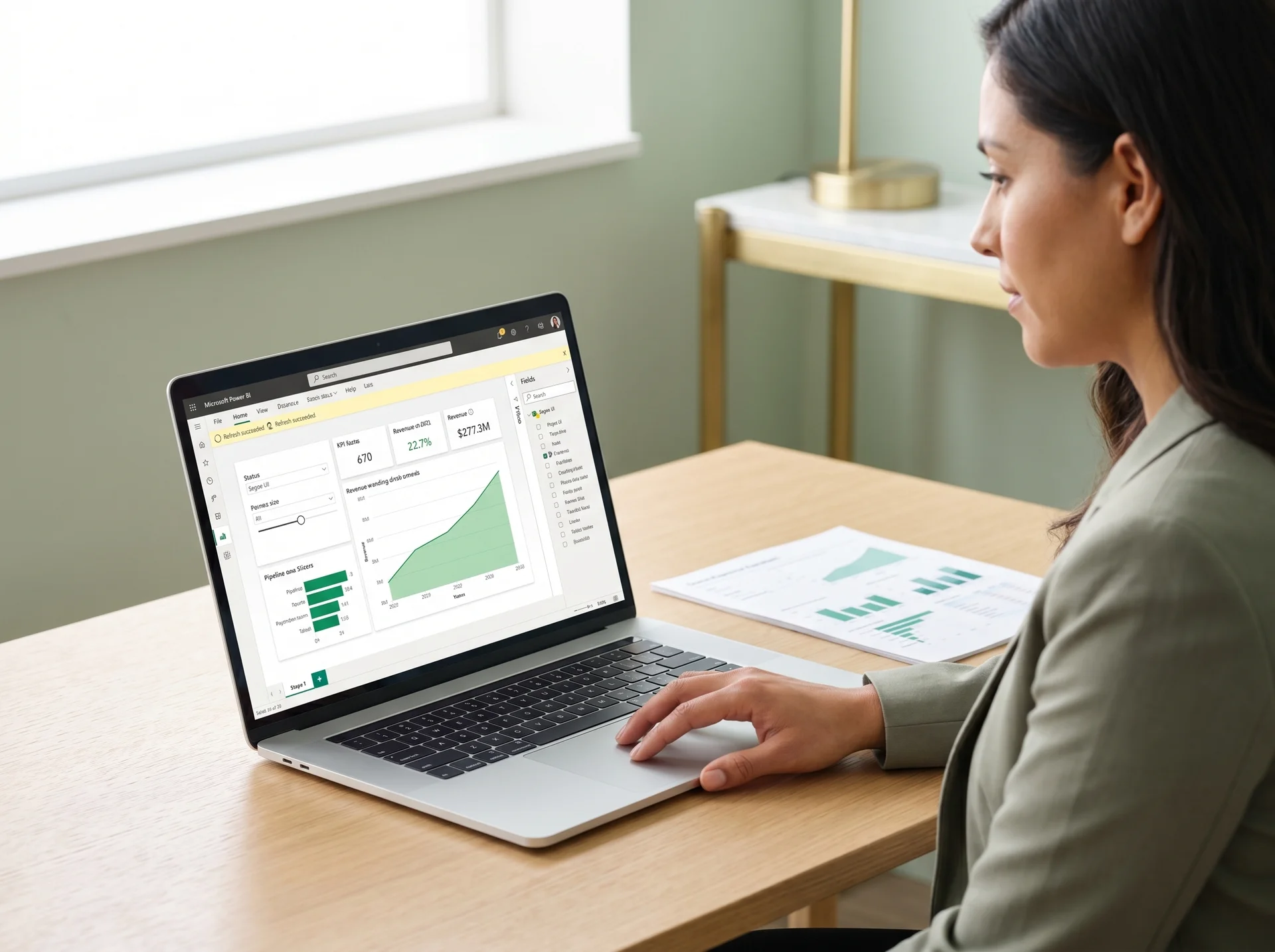 Salesperson reviewing one clean refreshed sales analytics dashboard in Power BI at a tidy desk Salesperson reviewing one clean refreshed sales analytics dashboard in Power BI at a tidy desk