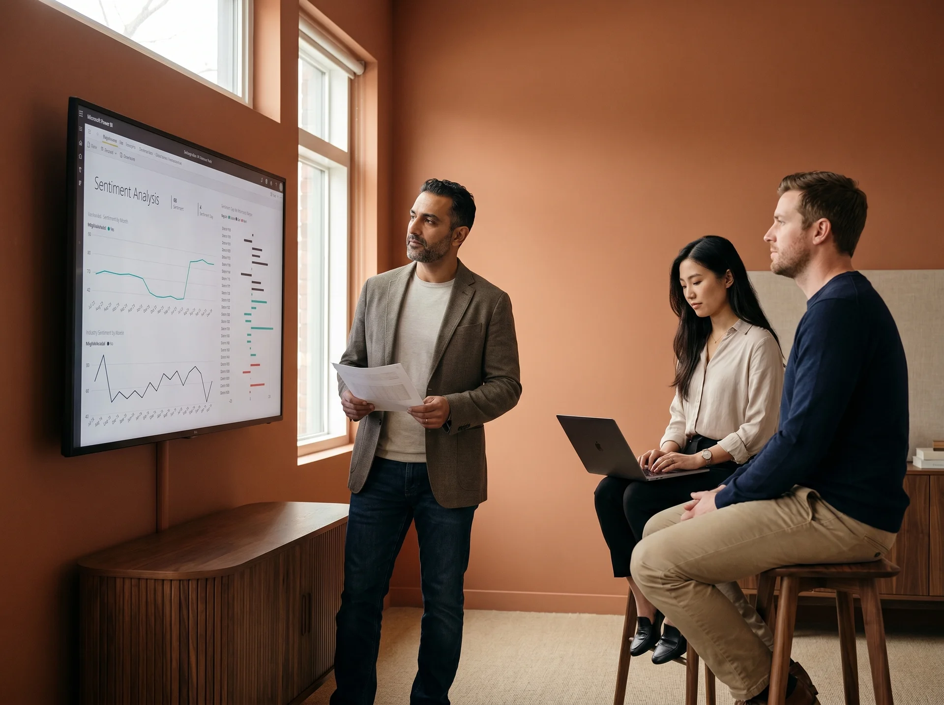 Sales lead and team at a standup reviewing a live pipeline dashboard in Power BI on a wall screen Sales lead and team at a standup reviewing a live pipeline dashboard in Power BI on a wall screen