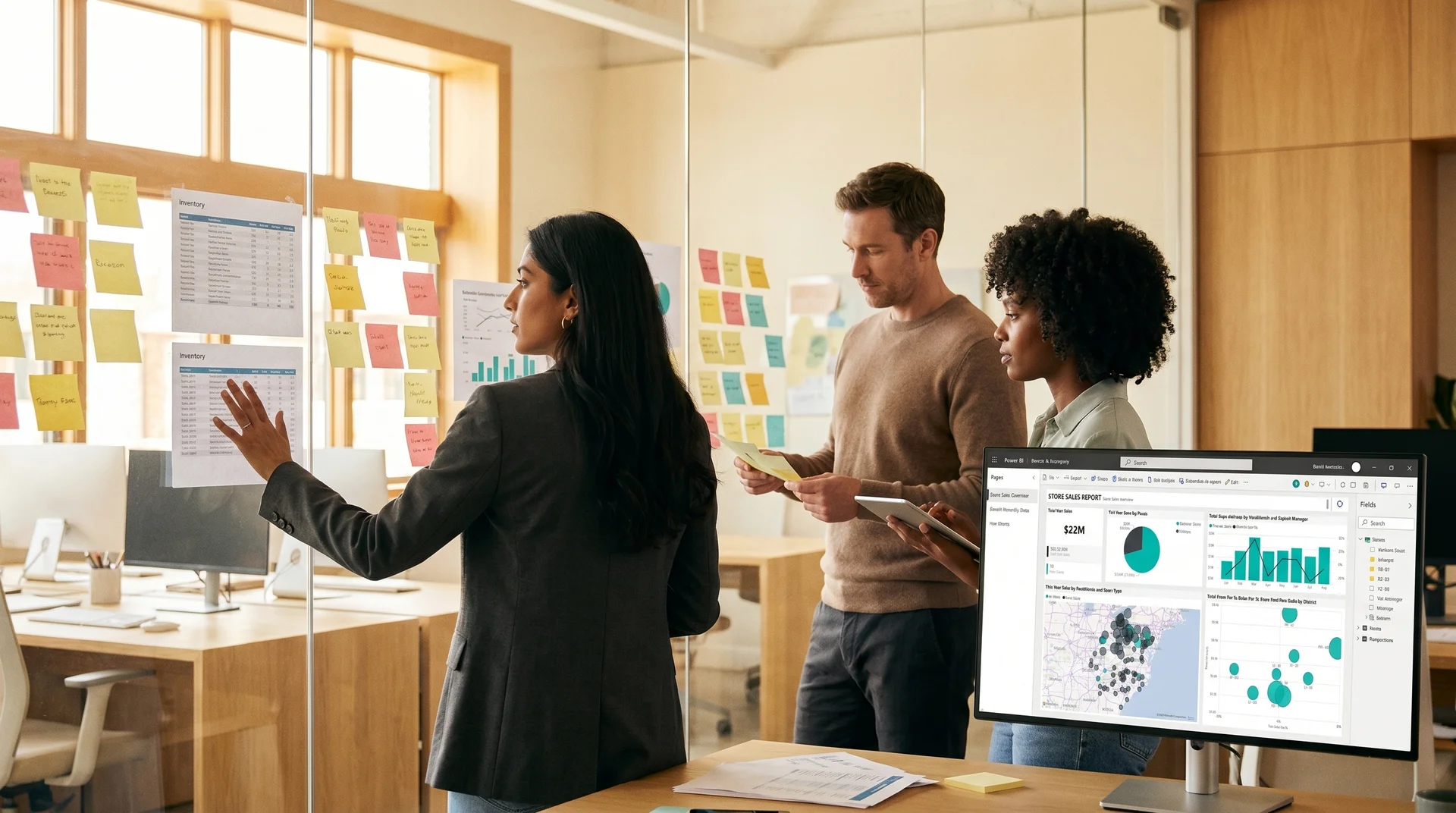 Data team planning an SAP BusinessObjects to Power BI migration at a glass wall covered in report inventory notes Data team planning an SAP BusinessObjects to Power BI migration at a glass wall covered in report inventory notes