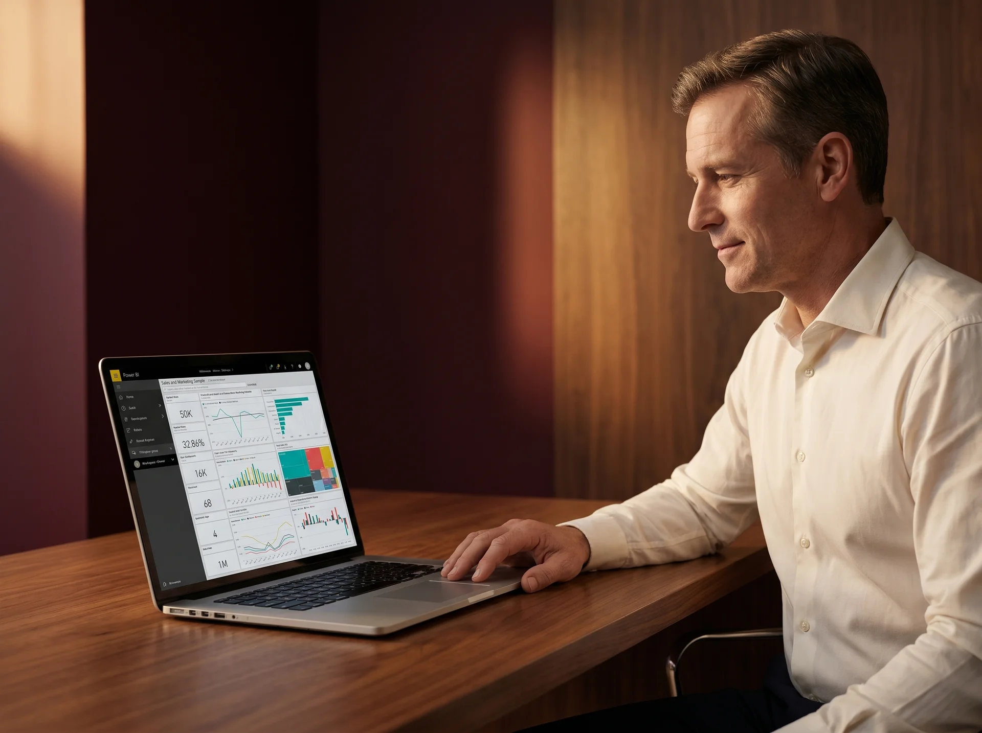 Analytics lead reviewing the new Power BI workspace at a laptop after completing the SAP BusinessObjects migration Analytics lead reviewing the new Power BI workspace at a laptop after completing the SAP BusinessObjects migration