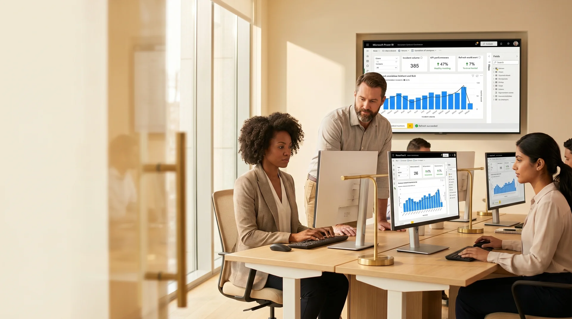 IT operations team reviewing live Power BI dashboards built from ServiceNow integration data IT operations team reviewing live Power BI dashboards built from ServiceNow integration data