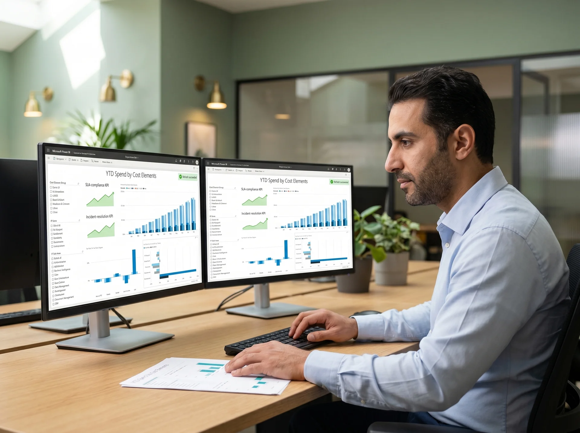IT analyst reviewing live Power BI reports built from ServiceNow data after Power BI and ServiceNow integration IT analyst reviewing live Power BI reports built from ServiceNow data after Power BI and ServiceNow integration