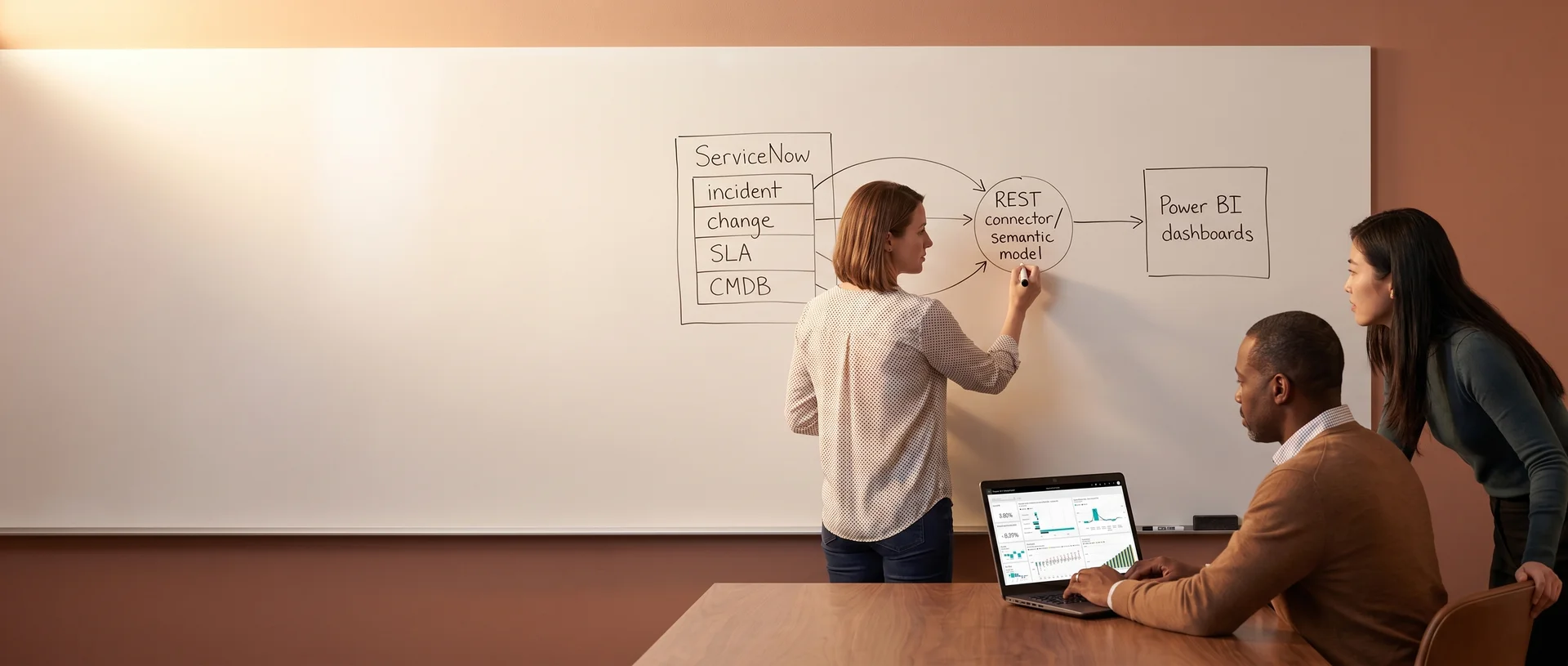 Integration architect mapping the ServiceNow to Power BI data flow on a whiteboard during planning session Integration architect mapping the ServiceNow to Power BI data flow on a whiteboard during planning session
