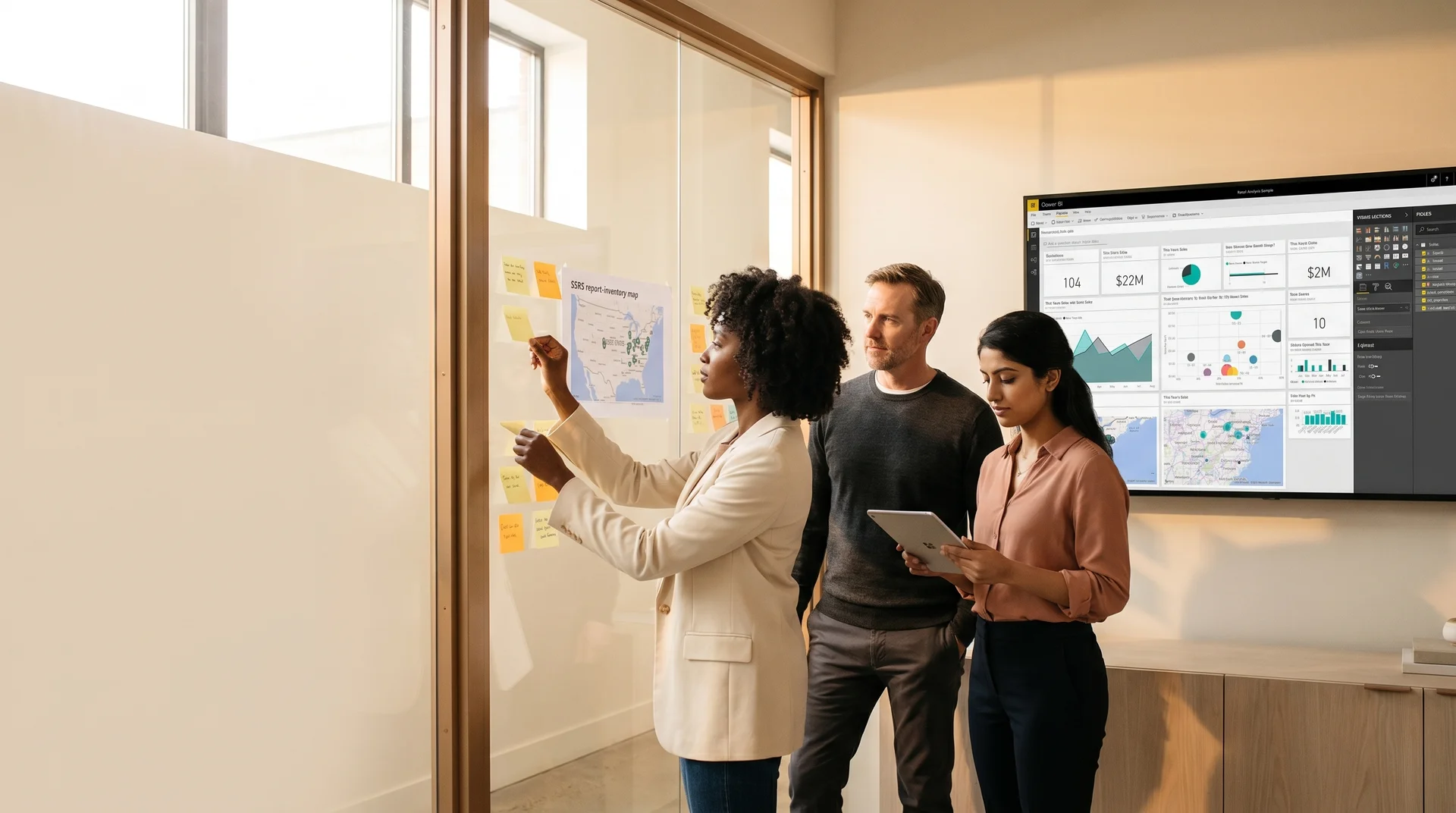 Data and reporting team planning an SSRS to Power BI migration at a glass wall covered in notes Data and reporting team planning an SSRS to Power BI migration at a glass wall covered in notes