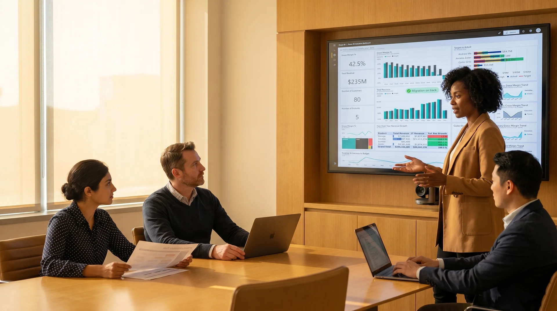 Analytics lead presenting a Tableau to Power BI migration roadmap on a large wall screen to a seated team in a conference room Analytics lead presenting a Tableau to Power BI migration roadmap on a large wall screen to a seated team in a conference room