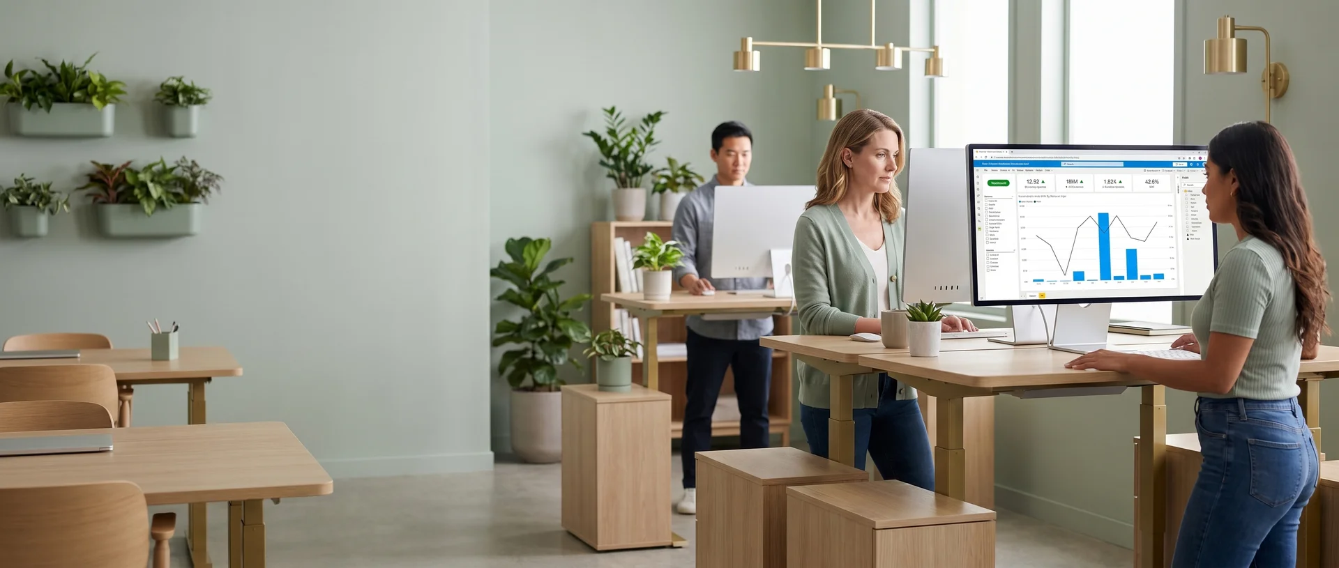 Team standing at office desks reviewing final migrated Power BI reports on monitors, natural light Team standing at office desks reviewing final migrated Power BI reports on monitors, natural light