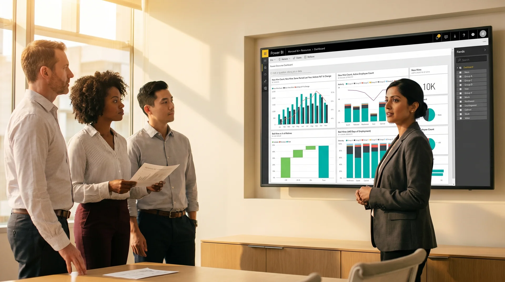 HR leader presenting a Workday Power BI workforce analytics dashboard to a team in a modern glass-walled office HR leader presenting a Workday Power BI workforce analytics dashboard to a team in a modern glass-walled office
