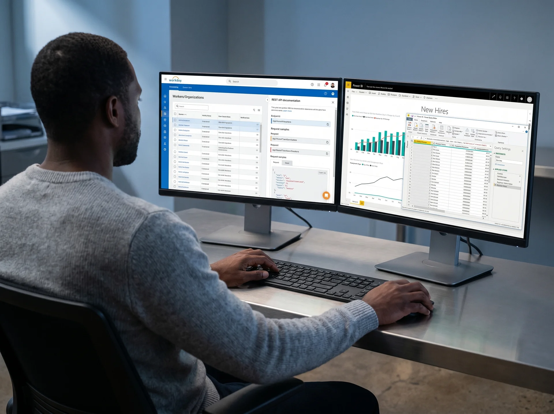 Analyst configuring a Workday API connection to Power BI, over-the-shoulder view of two monitors showing REST API documentation and Power Query editor Analyst configuring a Workday API connection to Power BI, over-the-shoulder view of two monitors showing REST API documentation and Power Query editor