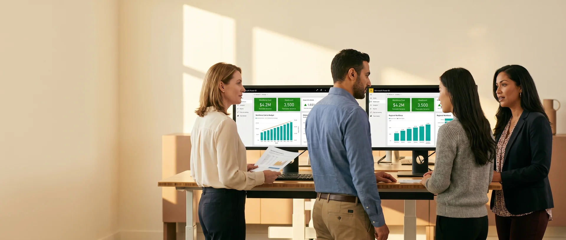 Finance and HR team at standing desks reviewing integrated Workday and Power BI workforce cost and headcount reports Finance and HR team at standing desks reviewing integrated Workday and Power BI workforce cost and headcount reports