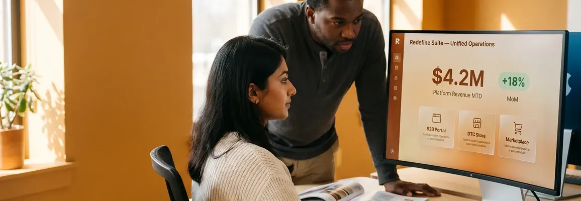 Commerce operations team reviewing unified platform data on a large display Commerce operations team reviewing unified platform data on a large display
