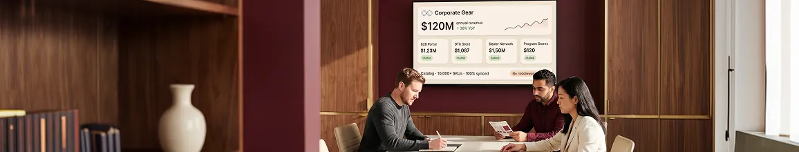 Corporate merchandise operations team reviewing growth metrics together in a bright office setting Corporate merchandise operations team reviewing growth metrics together in a bright office setting