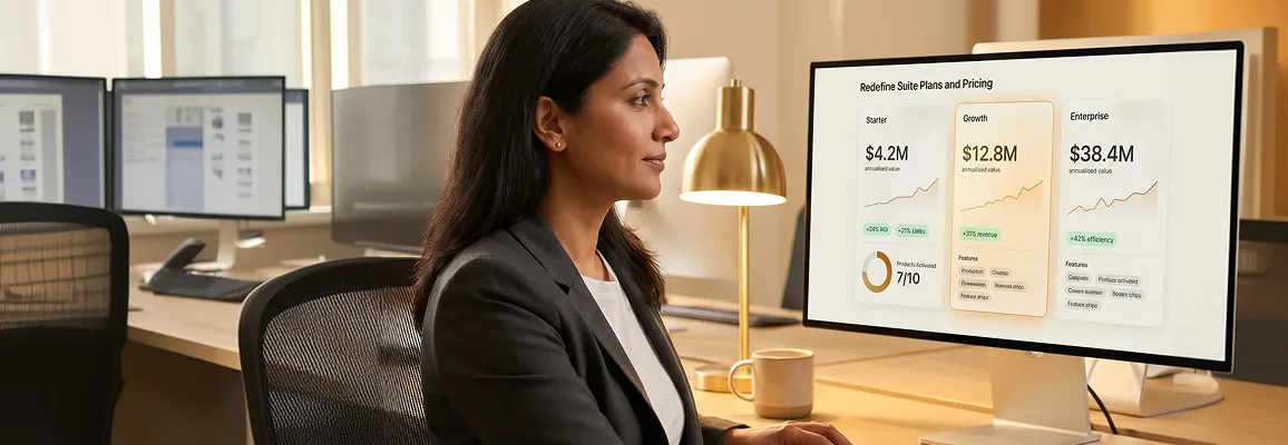 Business executive reviewing platform value and growth return on investment metrics at their workstation Business executive reviewing platform value and growth return on investment metrics at their workstation