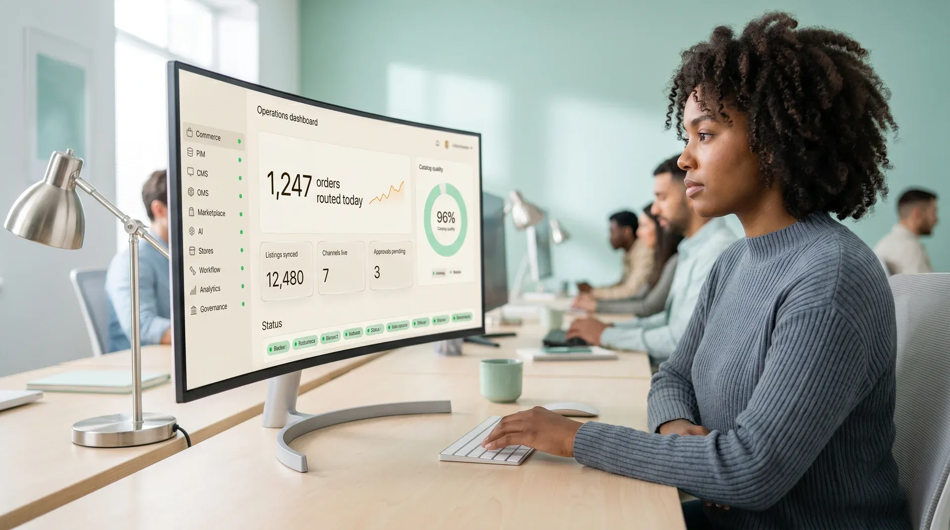 Operations manager reviewing platform dashboard with product and channel data across multiple modules Operations manager reviewing platform dashboard with product and channel data across multiple modules
