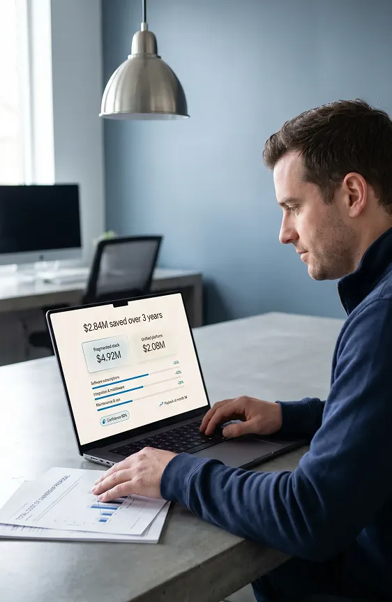 Analytics professional reviewing multi-tool stack complexity and total cost of ownership data on screen Analytics professional reviewing multi-tool stack complexity and total cost of ownership data on screen