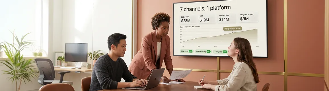 Commerce and operations team collaborating around unified platform screens, reviewing cross-channel performance Commerce and operations team collaborating around unified platform screens, reviewing cross-channel performance