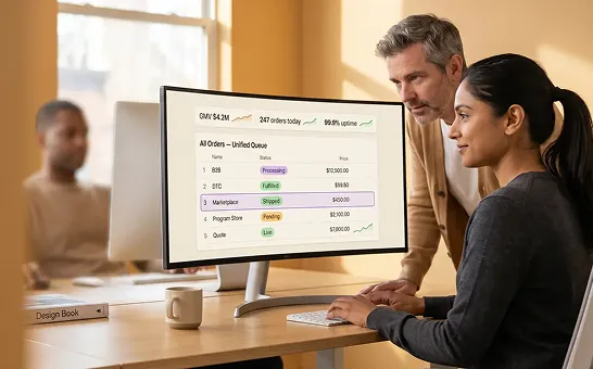 Two commerce operations professionals reviewing an ecommerce platform walkthrough at a shared workstation Two commerce operations professionals reviewing an ecommerce platform walkthrough at a shared workstation