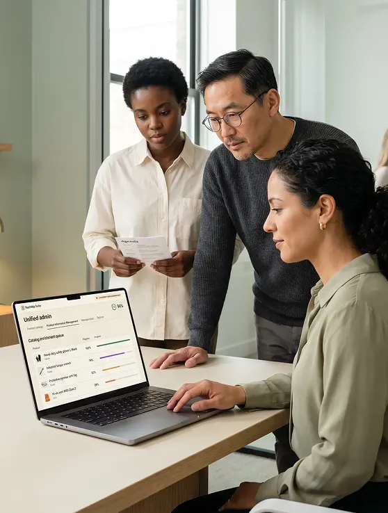Confident presenter walking a client team through a software platform demonstration on screen Confident presenter walking a client team through a software platform demonstration on screen