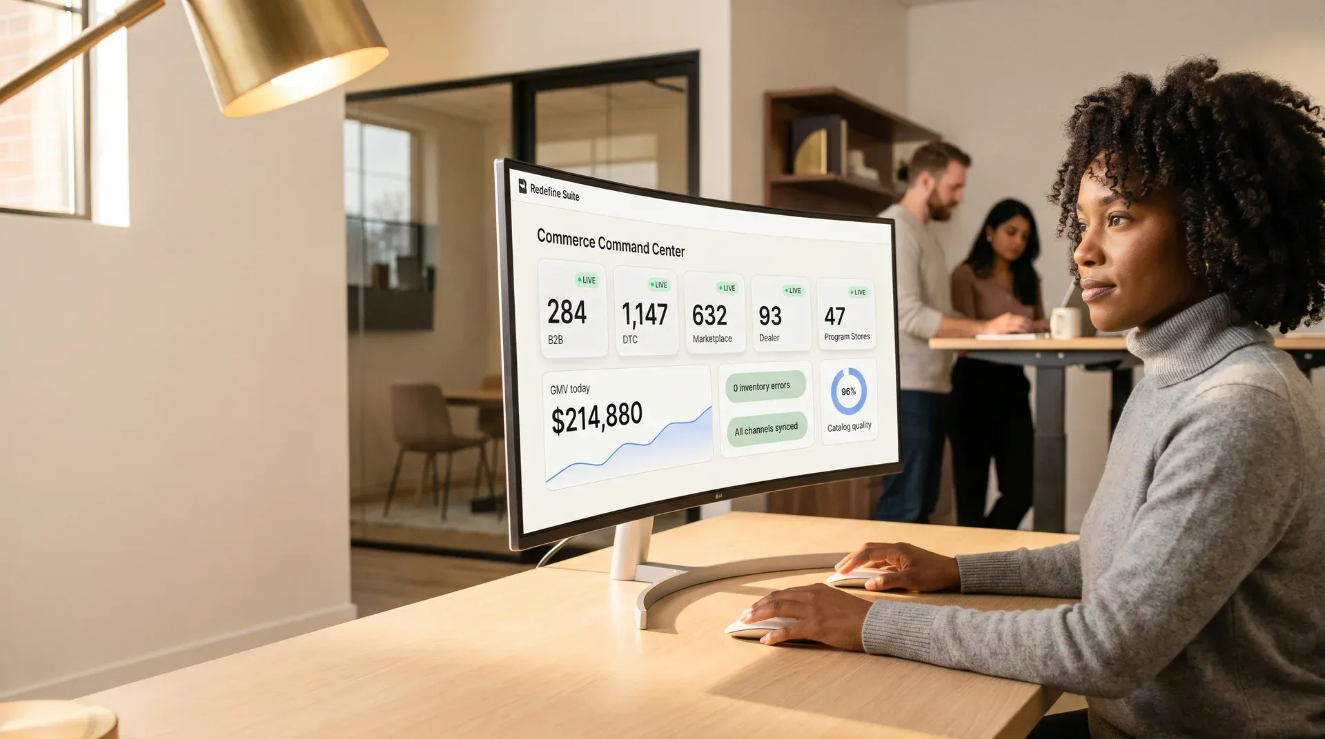 Ecommerce platform lead reviewing a unified Commerce Command Center showing five channels live across one platform Ecommerce platform lead reviewing a unified Commerce Command Center showing five channels live across one platform