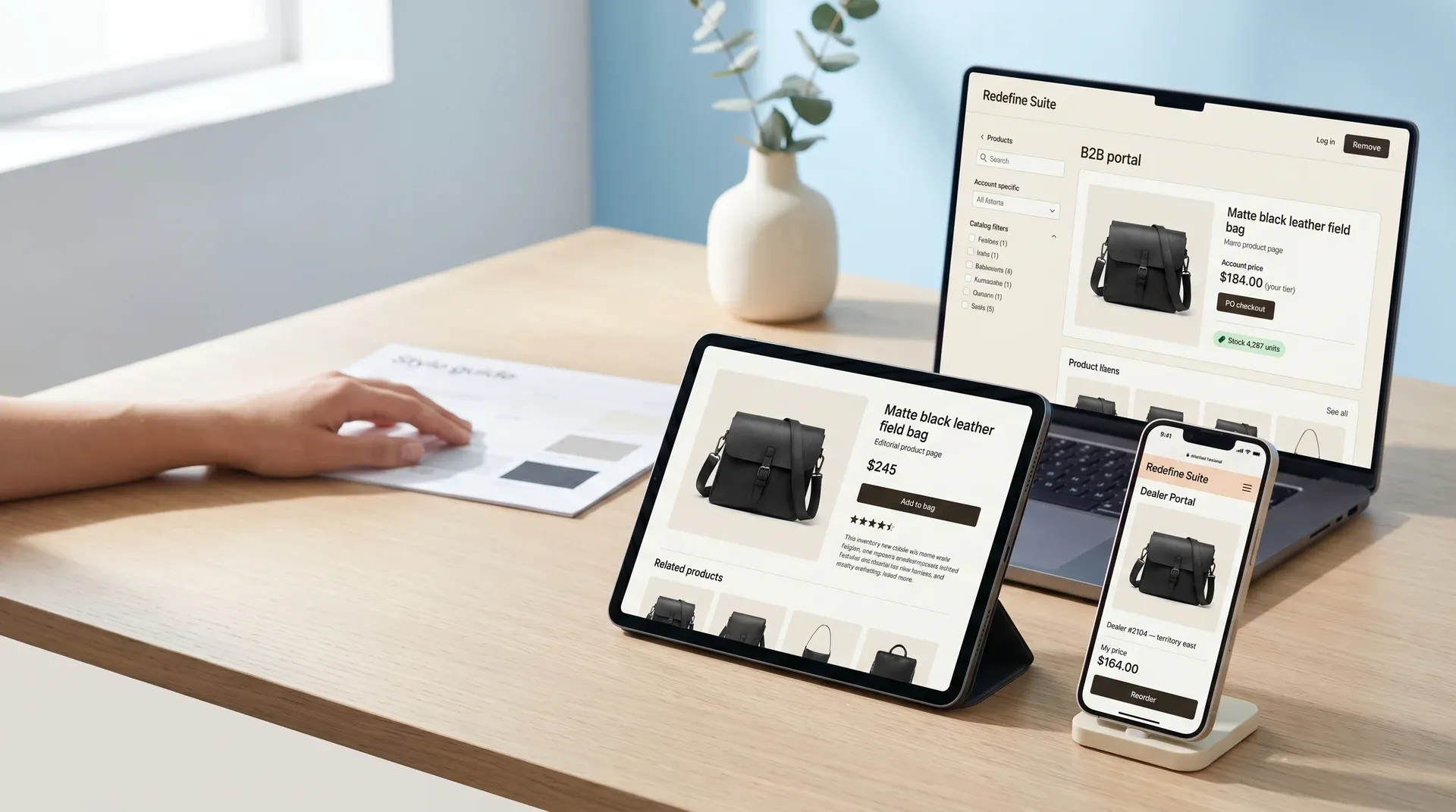 Same product displayed across laptop B2B portal, tablet direct-to-consumer storefront, and phone dealer portal sharing one inventory ledger Same product displayed across laptop B2B portal, tablet direct-to-consumer storefront, and phone dealer portal sharing one inventory ledger