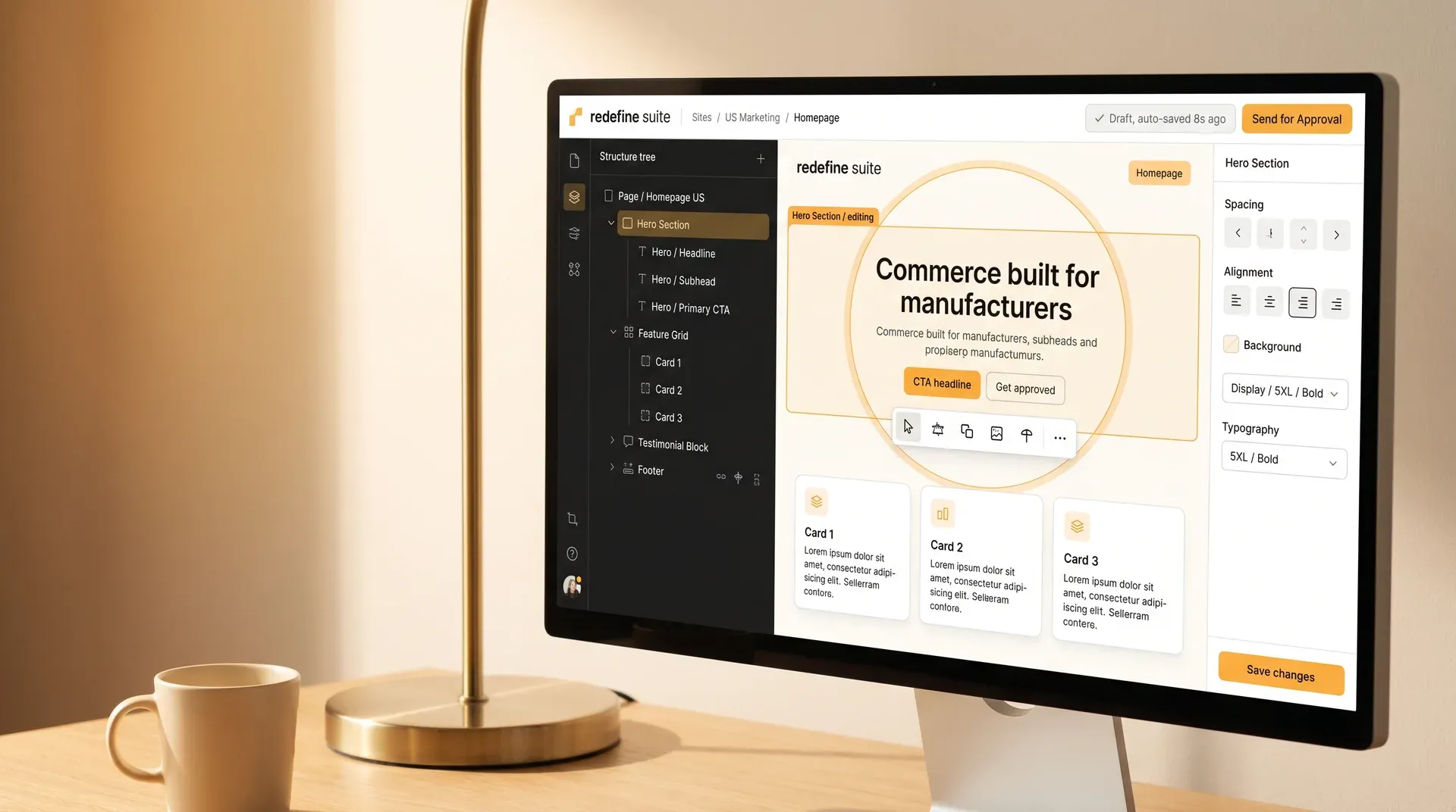 Redefine Suite Visual Editor canvas β structure tree, page canvas with hero and feature grid, and properties panel with style tokens Redefine Suite Visual Editor canvas β structure tree, page canvas with hero and feature grid, and properties panel with style tokens