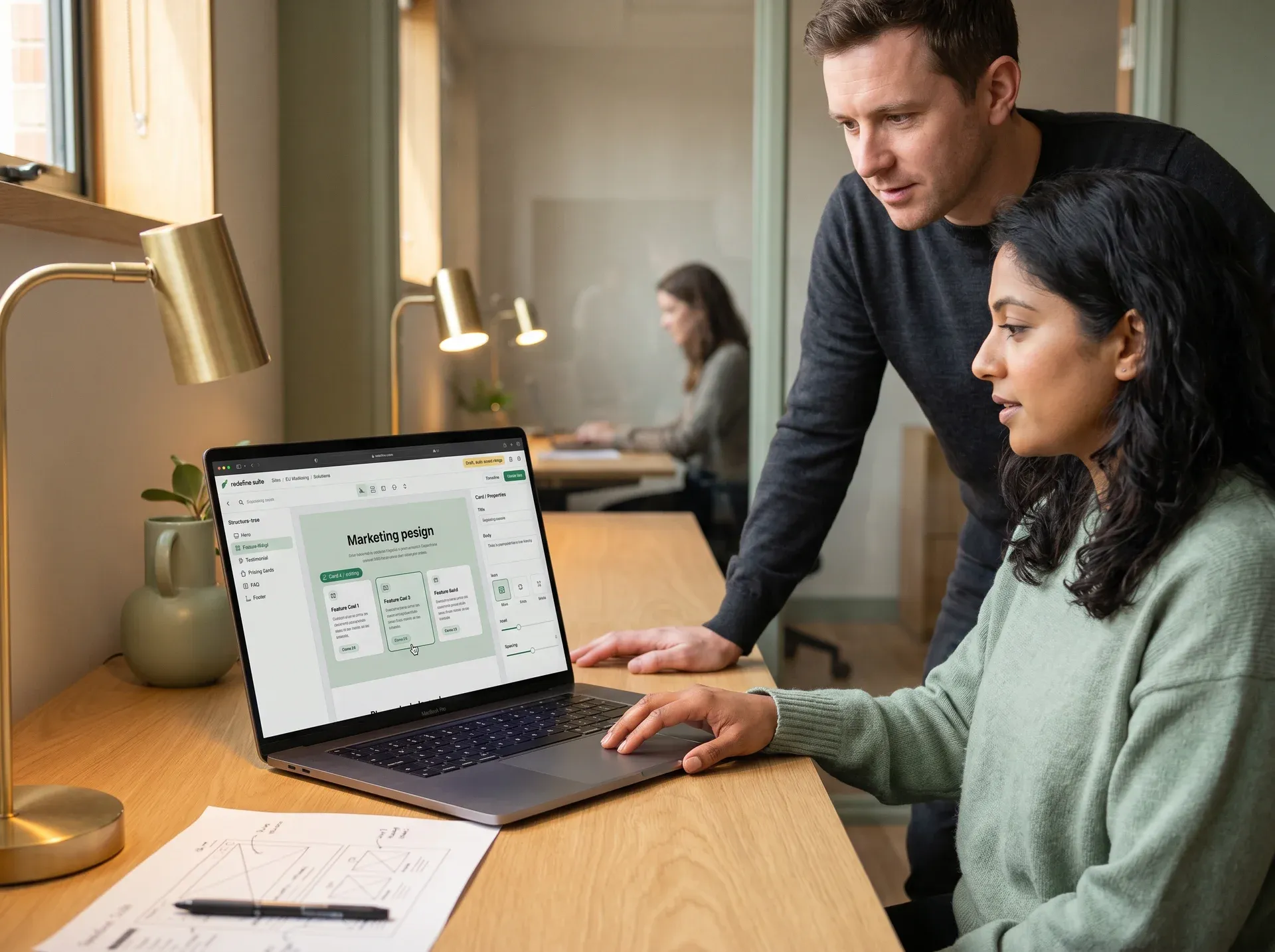 Content lead and designer pair-reviewing a marketing page in the Redefine Suite Visual Editor Content lead and designer pair-reviewing a marketing page in the Redefine Suite Visual Editor