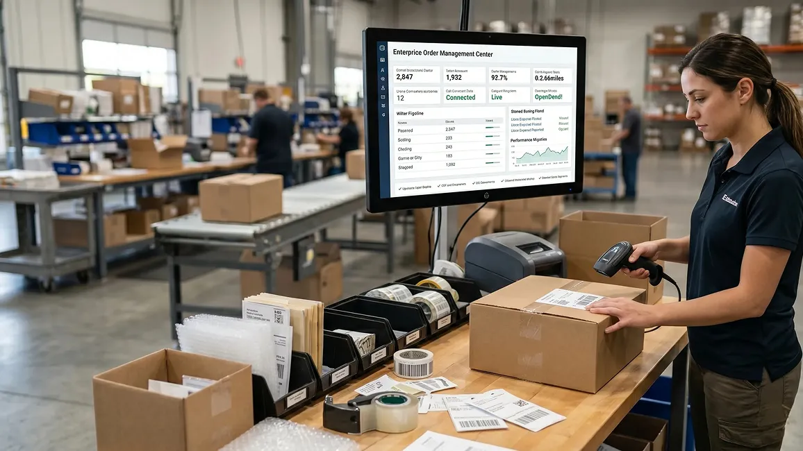 Warehouse operations lead at a scanner station with an iPad showing the Redefine OMS order detail timeline from Placed to Delivered Warehouse operations lead at a scanner station with an iPad showing the Redefine OMS order detail timeline from Placed to Delivered