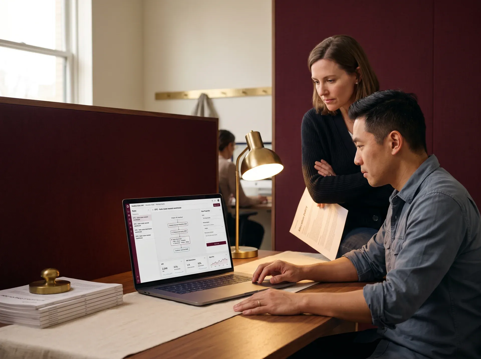 Allocation engineer and operations director reviewing the Redefine OMS routing engine visual rule editor with origin-aware routing nodes Allocation engineer and operations director reviewing the Redefine OMS routing engine visual rule editor with origin-aware routing nodes