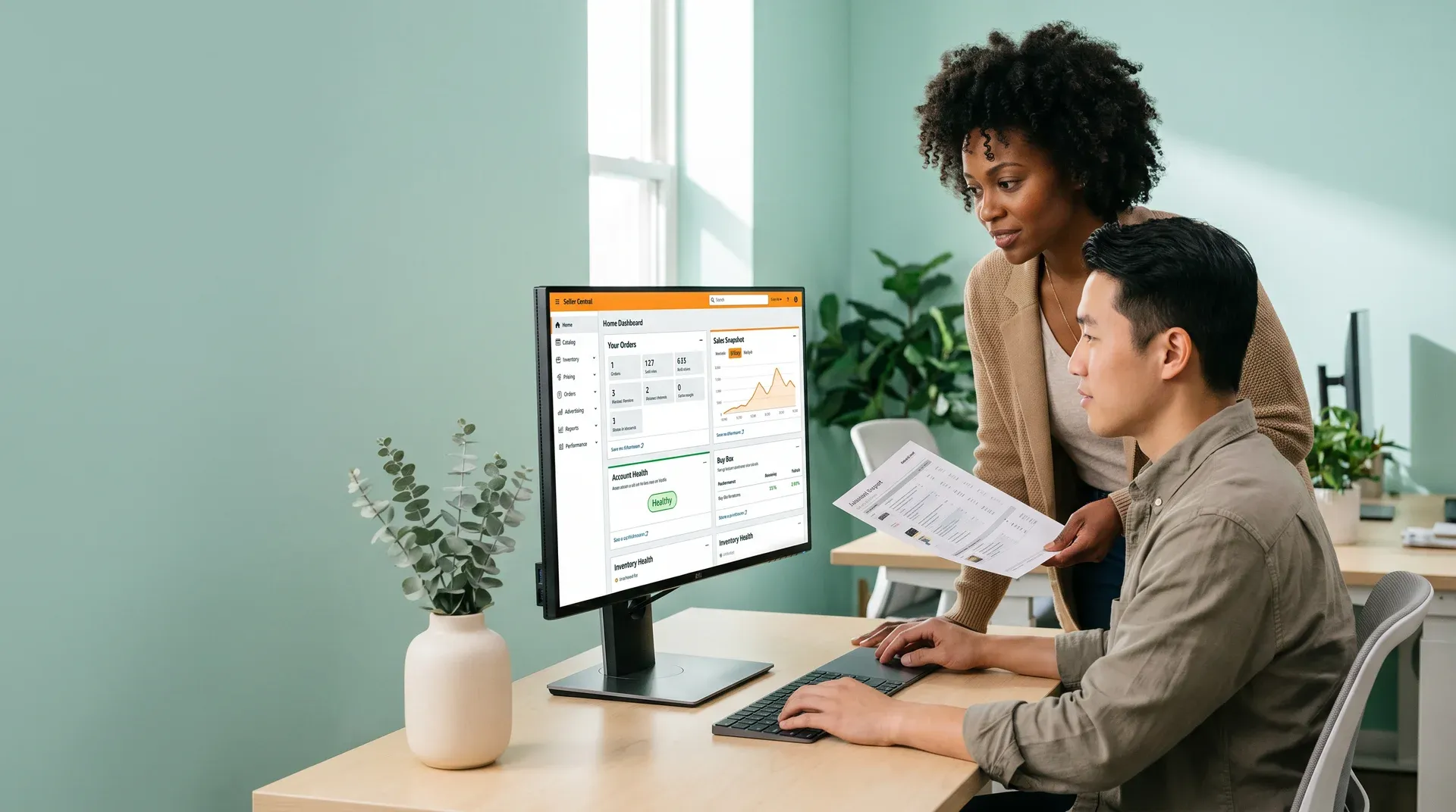 Marketplace specialist and ecommerce director reviewing authentic Amazon Seller Central home dashboard inside Redefine's unified channel workflow Marketplace specialist and ecommerce director reviewing authentic Amazon Seller Central home dashboard inside Redefine's unified channel workflow