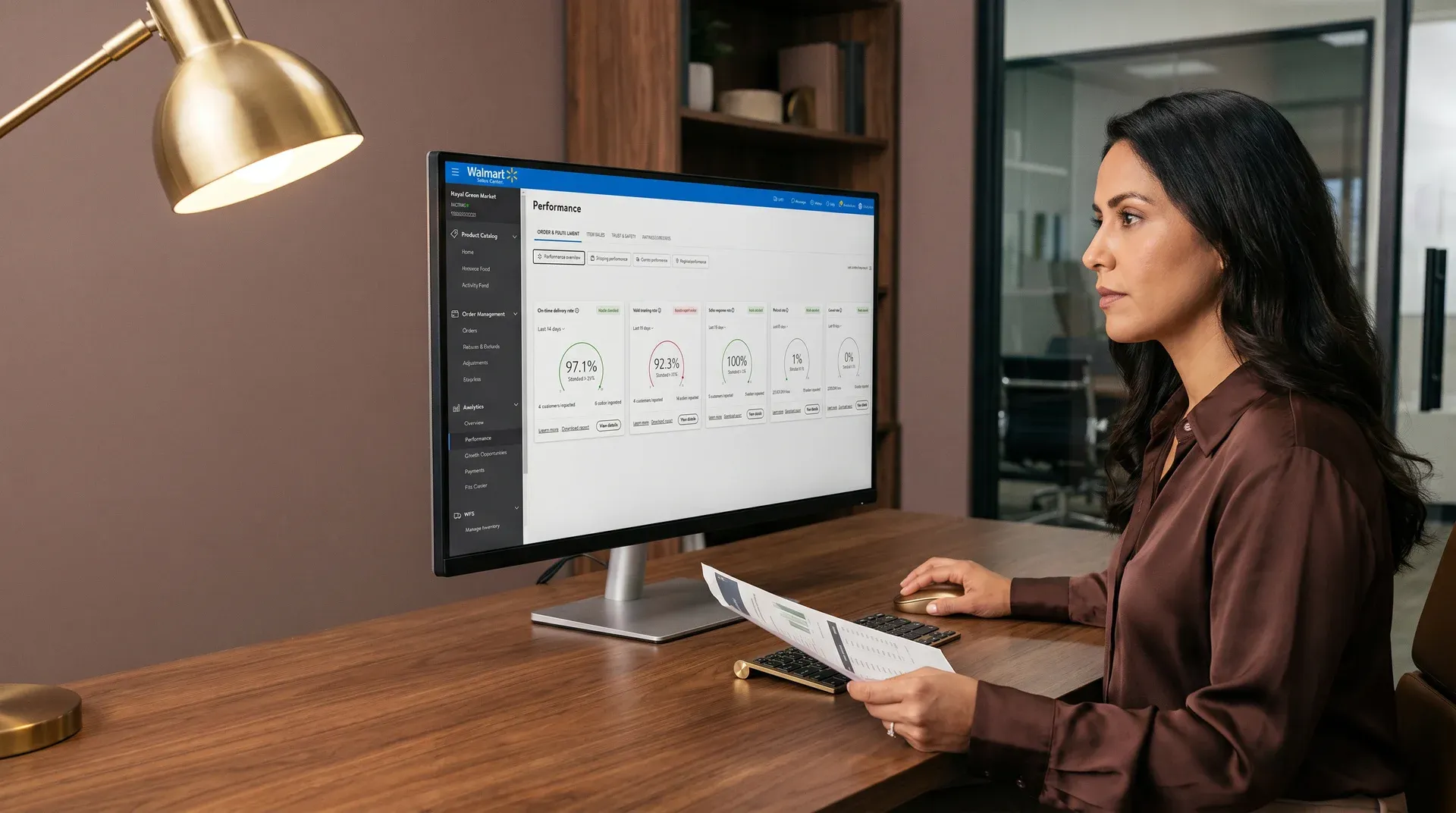 Ecommerce operations manager reviewing authentic Walmart Seller Center performance dashboard with on-time shipping and customer review metrics Ecommerce operations manager reviewing authentic Walmart Seller Center performance dashboard with on-time shipping and customer review metrics