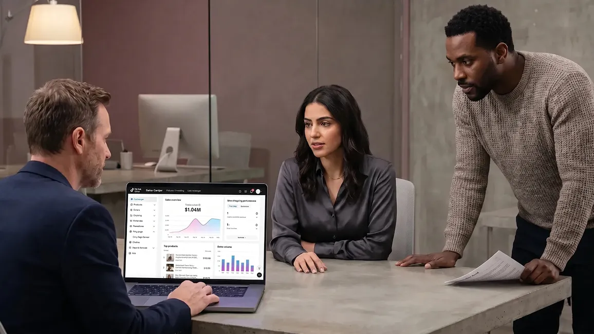 Marketplace strategists reviewing TikTok Shop Seller Center alongside Redefine Suite unified cross-channel analytics on a second monitor Marketplace strategists reviewing TikTok Shop Seller Center alongside Redefine Suite unified cross-channel analytics on a second monitor