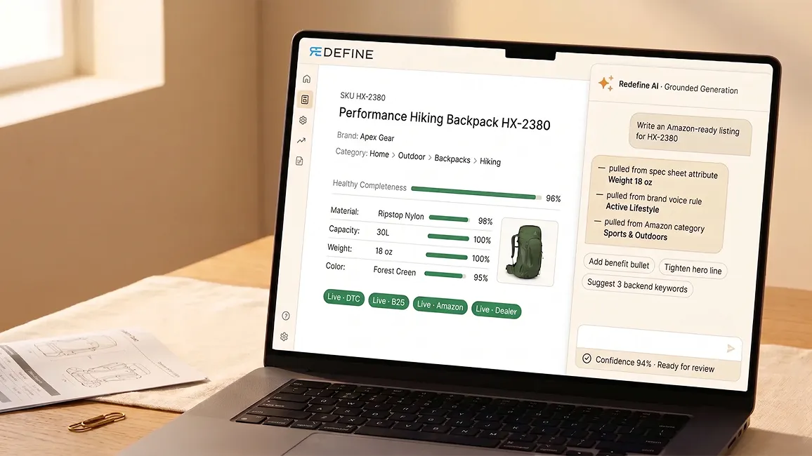 Close-up of the Redefine Suite AI assistant panel docked beside a live product information management record, with grounded citations and a confidence pill