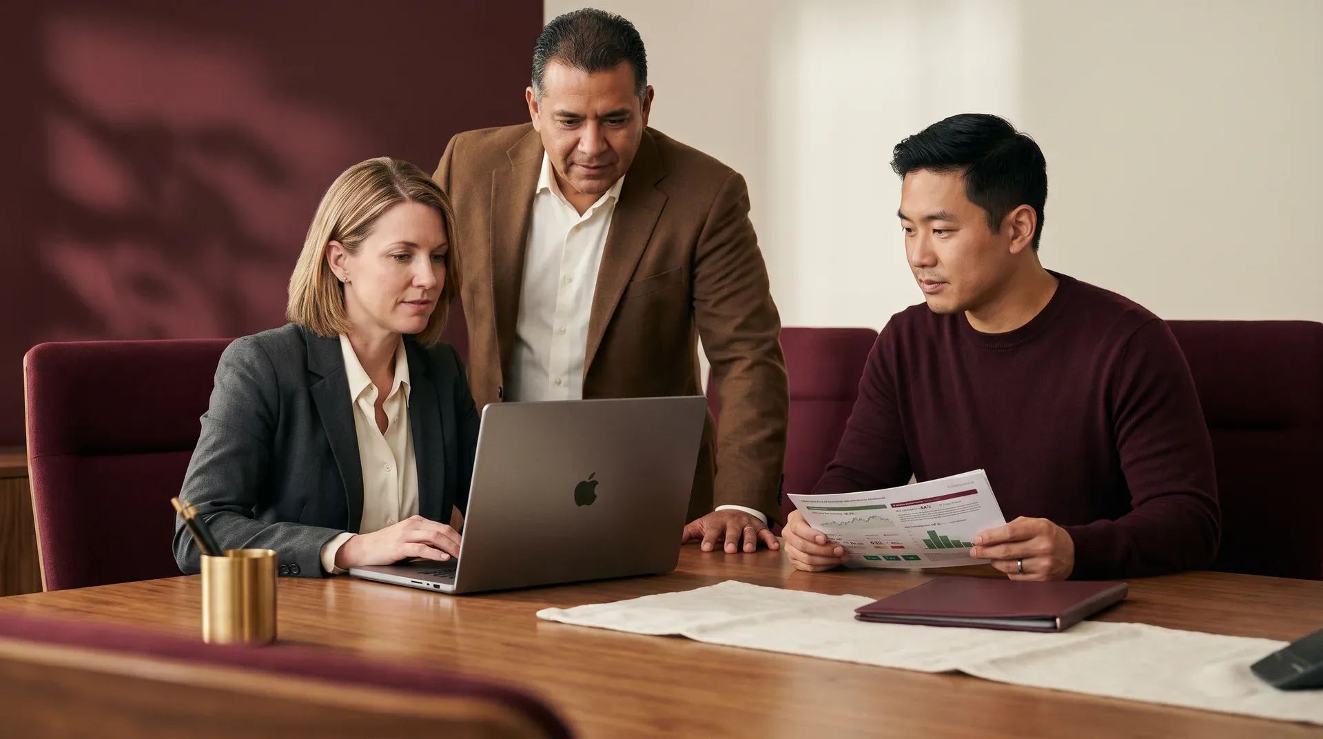 A heavy-equipment dealer team calmly reviewing the Redefine Suite AI Evaluation and Confidence dashboard with auto-approval and guardrail metrics