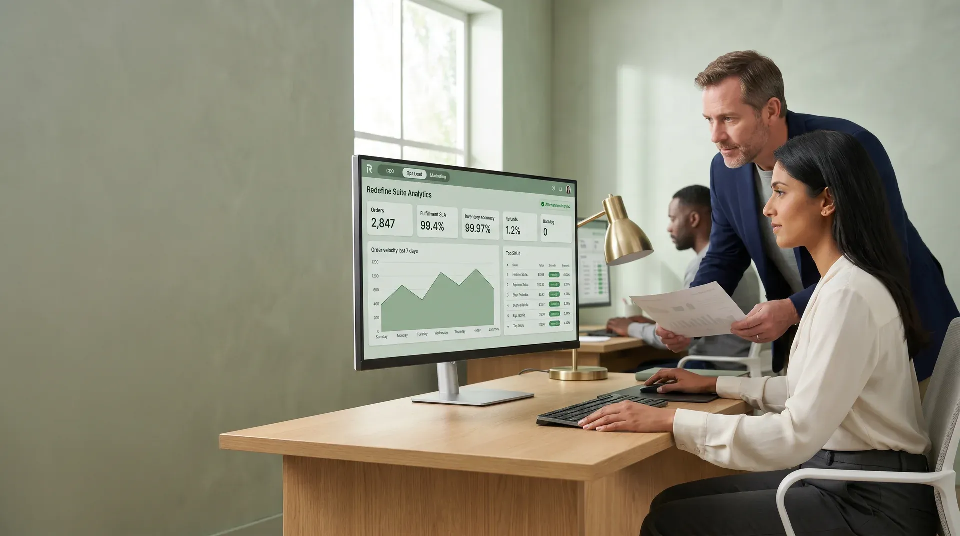 Operations team reviewing live commerce dashboards on screen