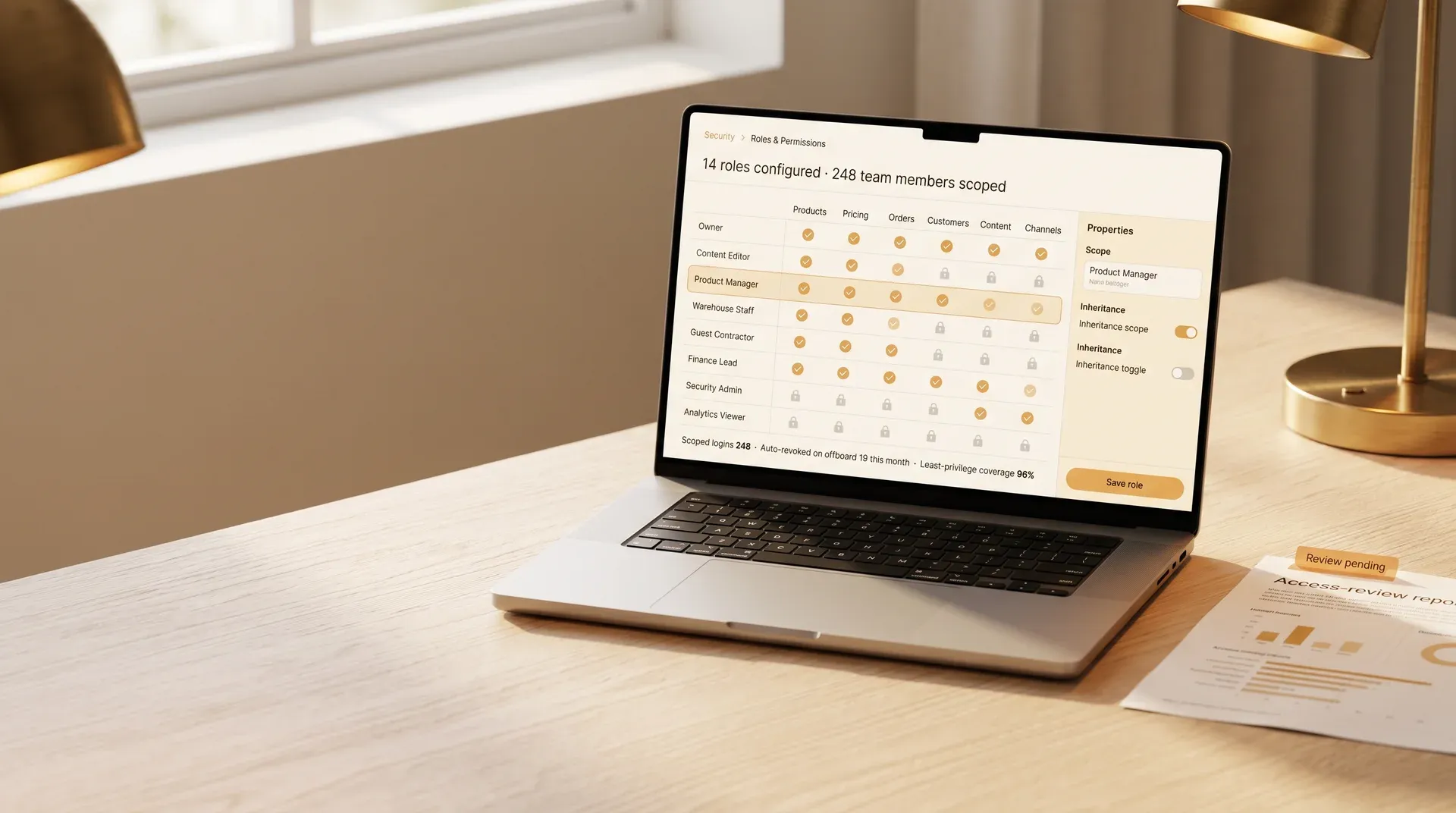Redefine Suite Roles and Permissions matrix on a laptop showing 14 configured roles, scoped logins, and least-privilege coverage at 96 percent Redefine Suite Roles and Permissions matrix on a laptop showing 14 configured roles, scoped logins, and least-privilege coverage at 96 percent
