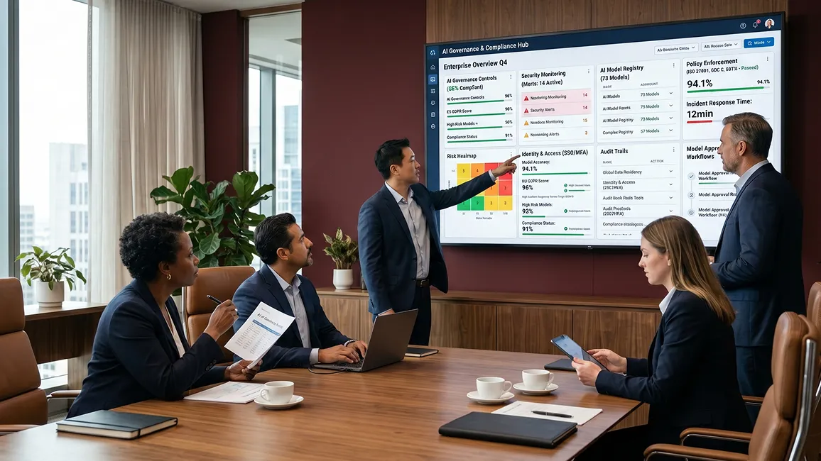 Data governance team reviewing Redefine Suite SSO configuration with Okta and Azure Entra ID alongside a data residency world map enforcing regional data placement Data governance team reviewing Redefine Suite SSO configuration with Okta and Azure Entra ID alongside a data residency world map enforcing regional data placement