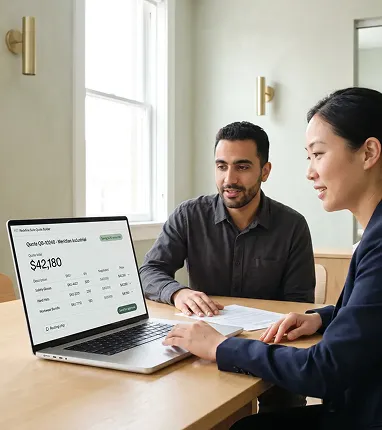 Business-to-business sales rep presenting account pricing and ordering workflows to a buyer Business-to-business sales rep presenting account pricing and ordering workflows to a buyer