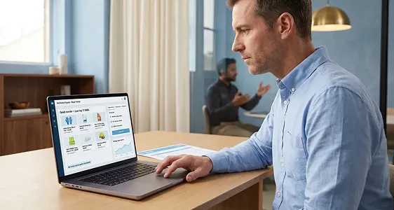 Business-to-business buyer accessing self-service order portal on a laptop Business-to-business buyer accessing self-service order portal on a laptop