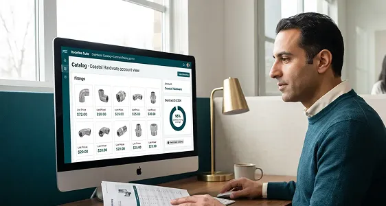 Purchasing manager reviewing distributor catalog and account pricing Purchasing manager reviewing distributor catalog and account pricing