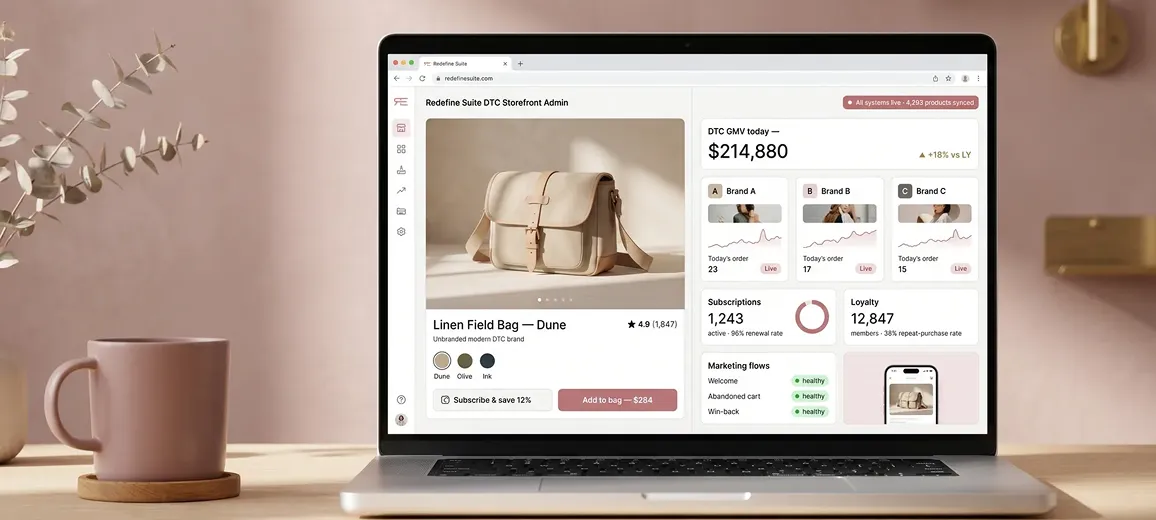 Ecommerce brand manager reviewing a multi-storefront dashboard on a laptop in a bright modern studio workspace Ecommerce brand manager reviewing a multi-storefront dashboard on a laptop in a bright modern studio workspace