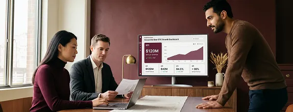 Ecommerce leadership team reviewing strong direct-to-consumer revenue growth metrics on a unified commerce platform dashboard Ecommerce leadership team reviewing strong direct-to-consumer revenue growth metrics on a unified commerce platform dashboard