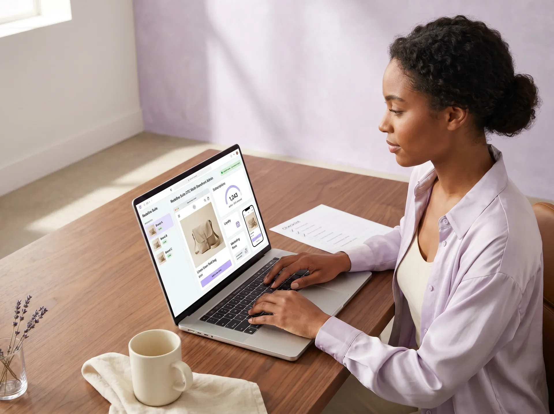 Ecommerce brand manager reviewing a multi-storefront dashboard, launch day editorial shot Ecommerce brand manager reviewing a multi-storefront dashboard, launch day editorial shot