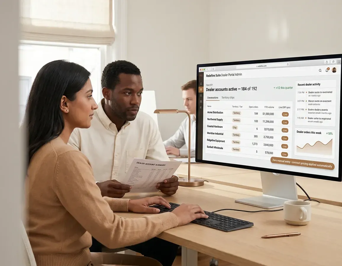 Operations team reviewing dealer portal accounts together at a shared screen Operations team reviewing dealer portal accounts together at a shared screen