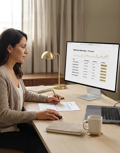 Operations manager tracking distributor order data on a computer in a modern office Operations manager tracking distributor order data on a computer in a modern office